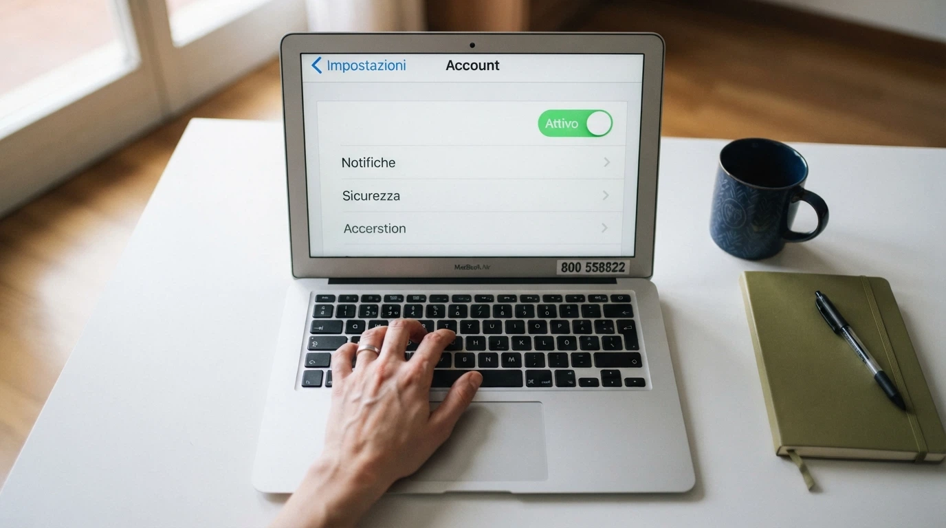 Una mano che digita su una tastiera con un adesivo del Telefono Verde 800 558822 attaccato al monitor, sullo schermo un'interfaccia di autoesclusione