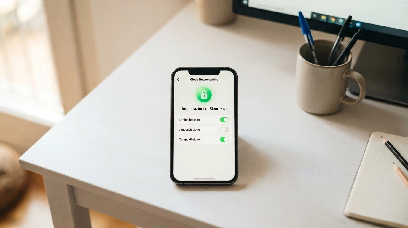 L'interfaccia di un pannello di controllo con le voci «Limite deposito», «Autoesclusione», «Tempo di gioco» e un lucchetto verde