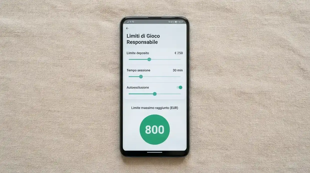 Una dashboard di controllo con cursori per limite di deposito, tempo di sessione e autoesclusione, su uno sfondo rassicurante con il numero verde in evidenza