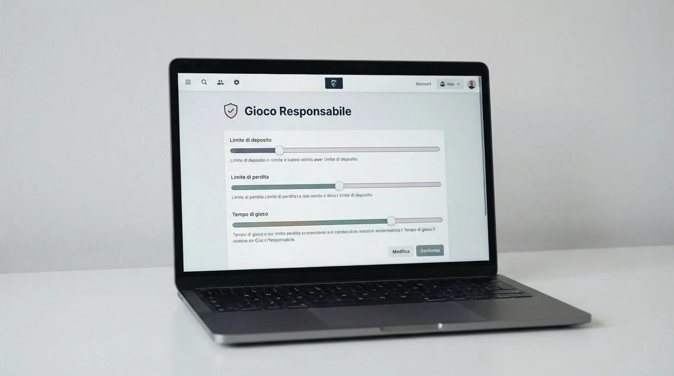 Una schermata dell'area personale di un casinò online ADM con la sezione «Gioco Responsabile» aperta: sono visibili i cursori per limite di deposito, limite di perdita e tempo di gioco, con un'icona del RUA accanto