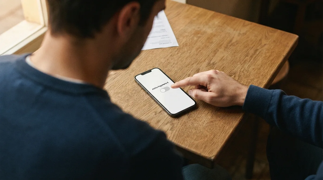 Una mano che attiva un interruttore con l'etichetta «limite di deposito» sullo schermo di un telefono, in secondo piano un documento con il logo ADM