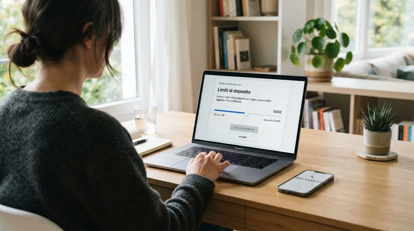 Una persona seduta al computer con l'interfaccia delle impostazioni di limite di deposito di un casinò online, accanto a un telefono con il numero verde 800 558822 in evidenza