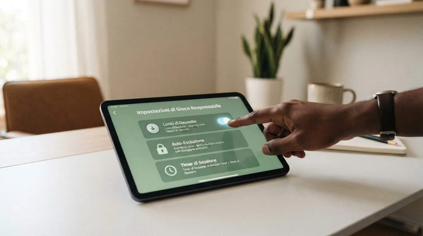 Una mano che attiva un interruttore virtuale con le icone di limite deposito, autoesclusione e timer di sessione, su sfondo rassicurante con il logo RUA.