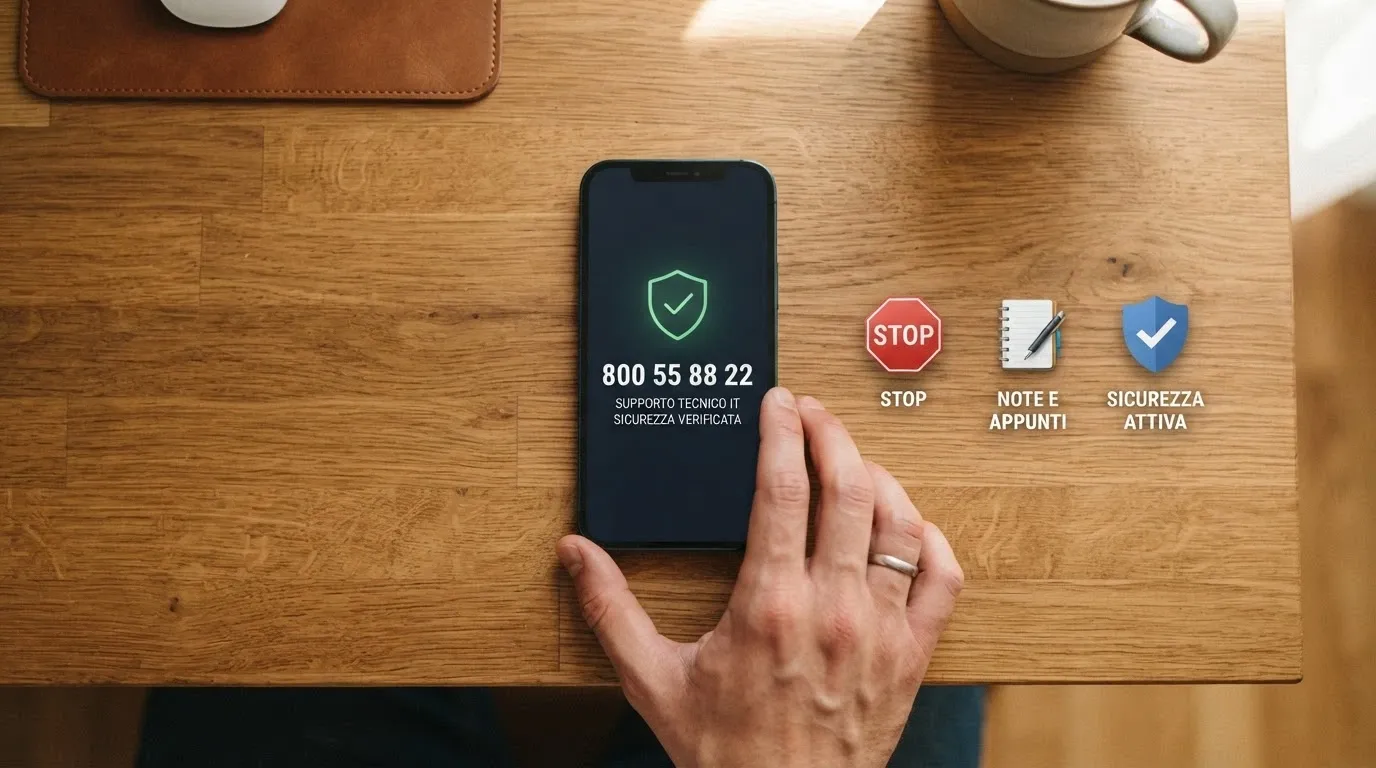 Un telefono con la cornetta verde e il numero 800 55 88 22 in evidenza, accanto alle icone di un limite (segno di stop), un calendario (autoesclusione) e uno scudo (tutela)