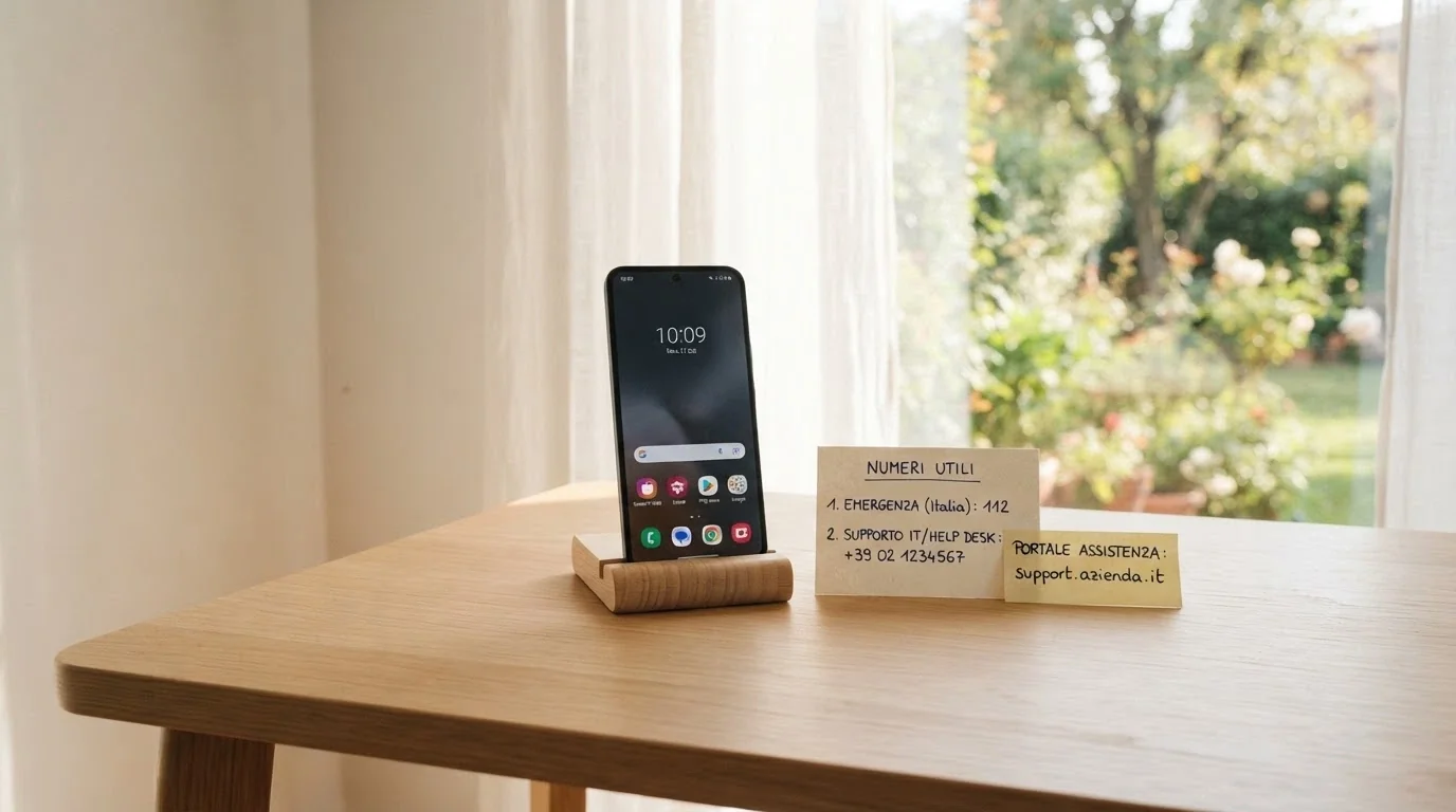 Un telefono fisso bianco su una scrivania pulita, con un biglietto accanto su cui si leggono i numeri verdi 800 558 822 e 800 940 789 e un post-it con l'indirizzo Gioca-responsabile.it. Sullo sfondo, una finestra che dà su un giardino luminoso.
