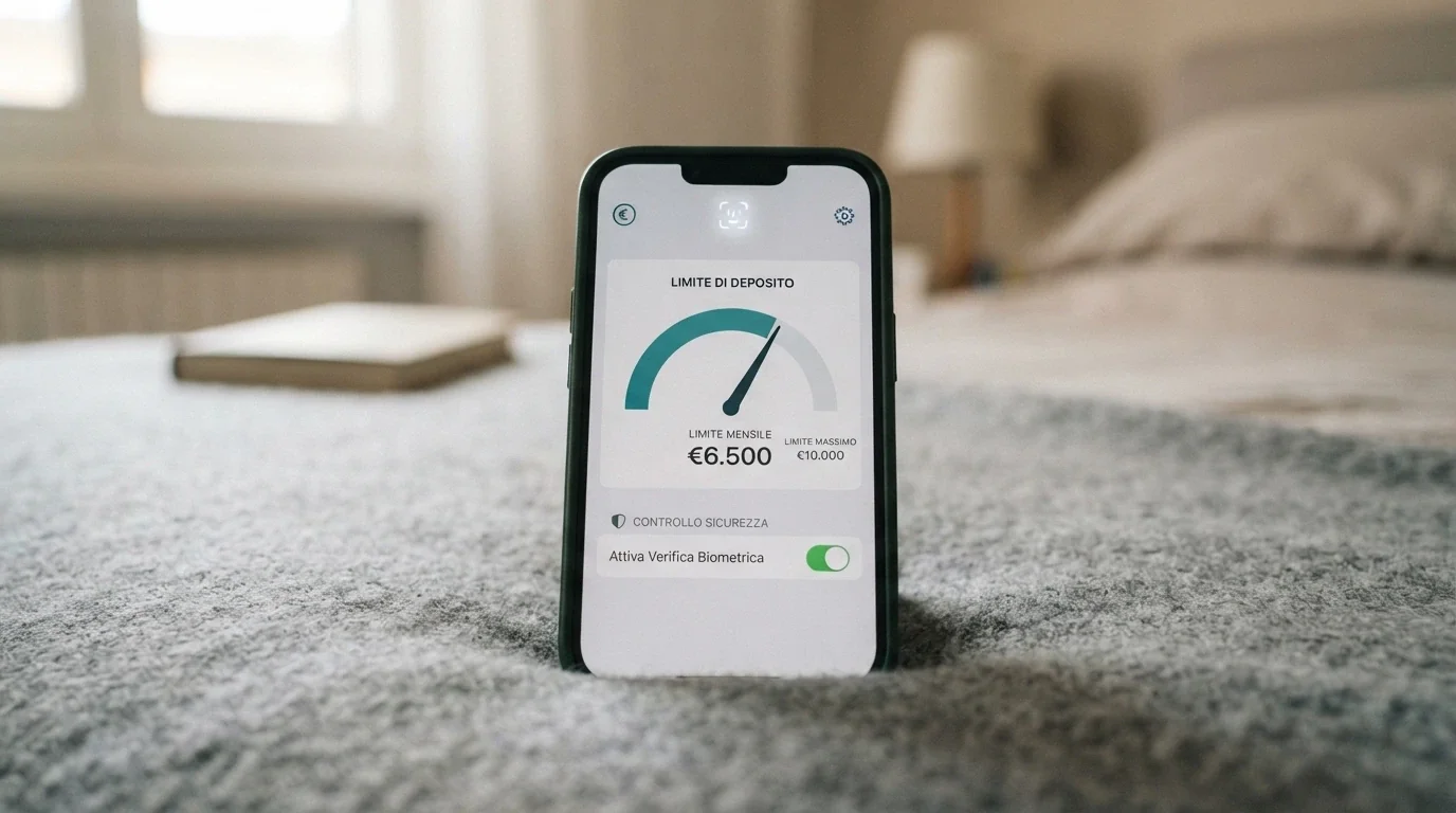 Un'interfaccia iPhone che mostra la schermata dei limiti di deposito e l'opzione di autoesclusione, con l'icona Face ID in alto
