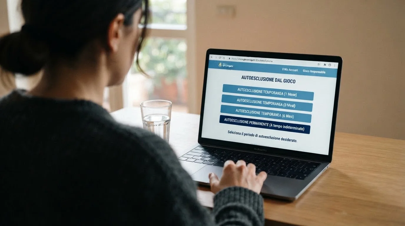 Un'interfaccia con pulsanti di autoesclusione (30, 60, 90 giorni, indeterminato) e l'URL arserviziam.adm.gov.it visibile