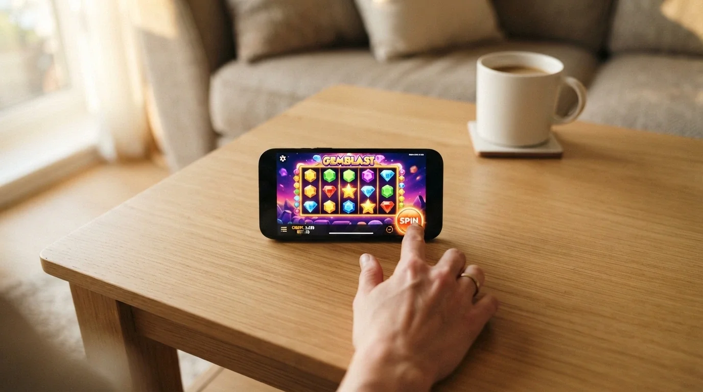 Un telefono che mostra una slot machine in esecuzione sullo schermo, con le dita di una mano che toccano il display per far girare i rulli
