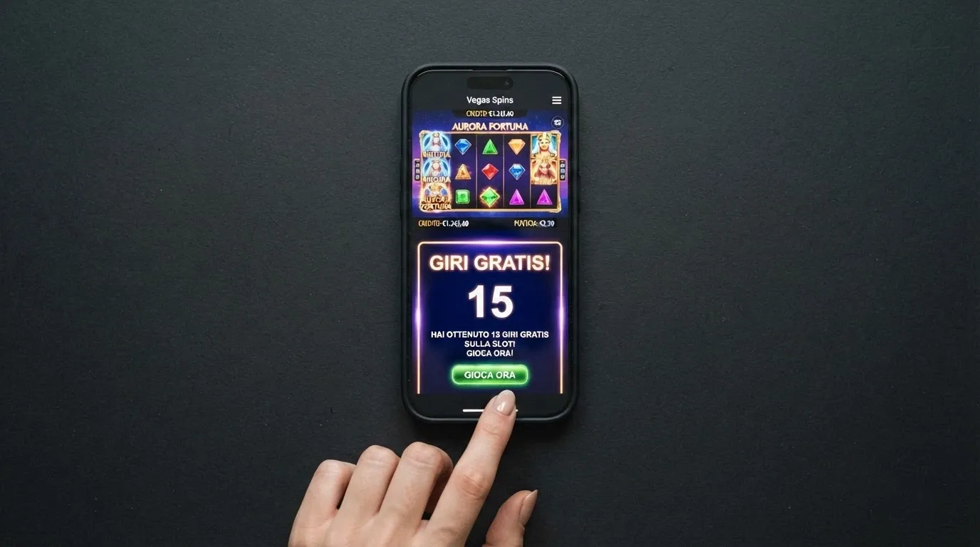 Smartphone con l'interfaccia di un casinò mobile che mostra giri gratis attivi