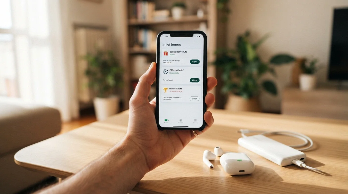 Una mano tiene uno smartphone in verticale con l'interfaccia di un casinò online aperta sulla sezione «I miei bonus», mentre sul tavolo sono appoggiati dei auricolari wireless e un caricatore portatile