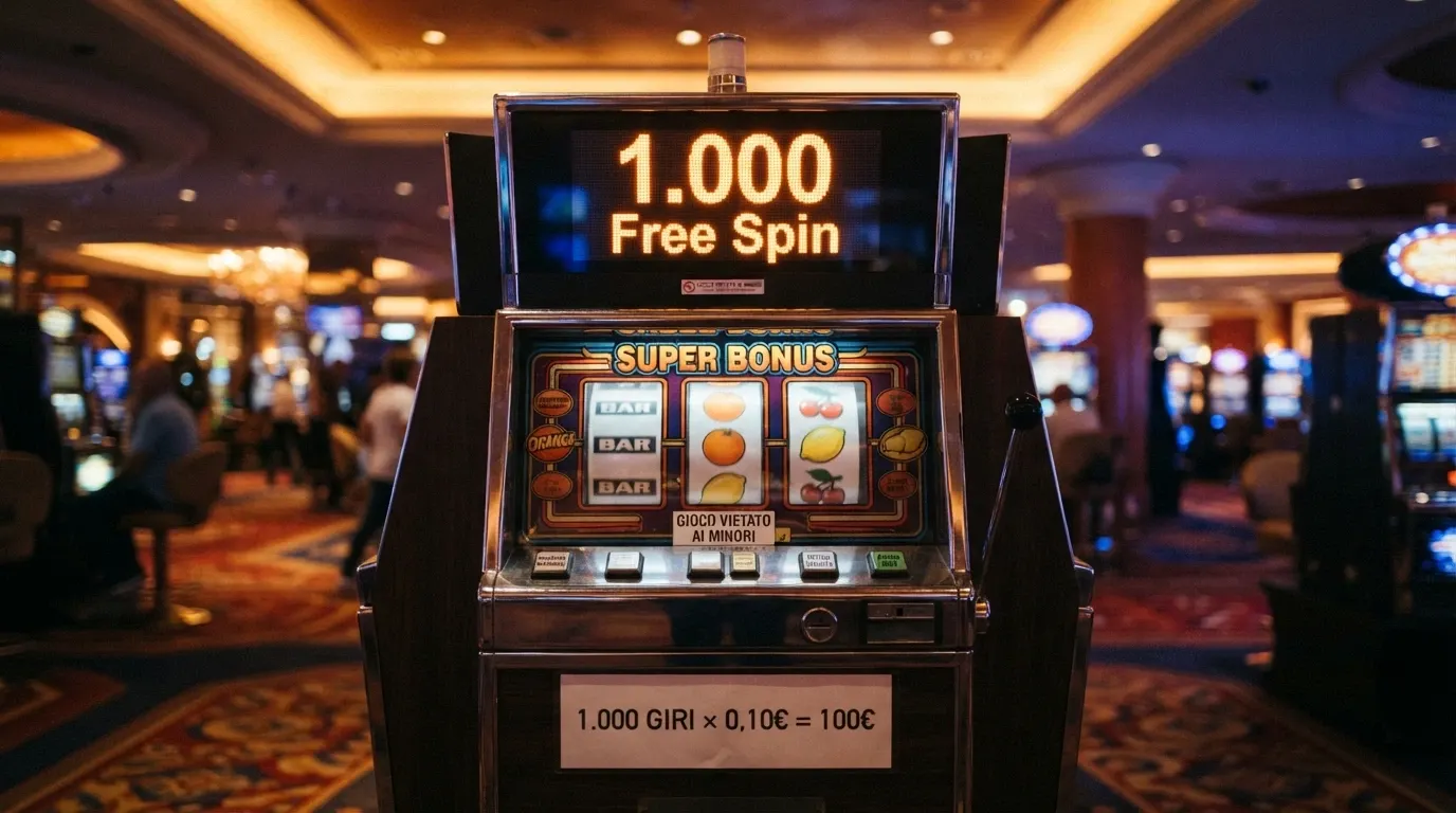 Una slot machine con il contatore «1.000 Free Spin» in evidenza, e sotto una tabella che mostra il valore reale: 1.000 giri × 0,10€ = 100€ di turnover