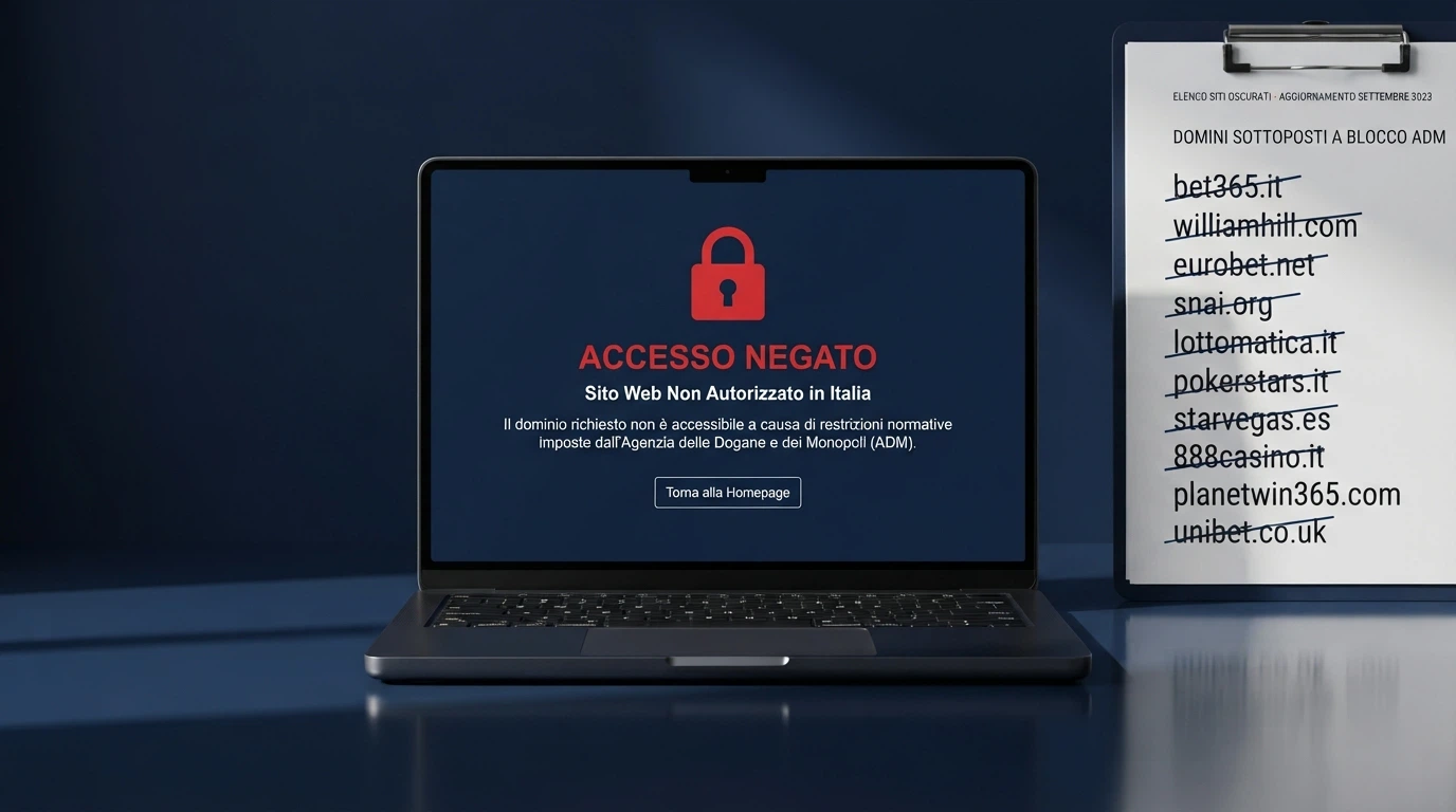 Il logo ufficiale dell'Agenzia delle Dogane e dei Monopoli affiancato da un documento di concessione con timbro e numero di registrazione, sopra una lista di domini bloccati con un lucchetto rosso