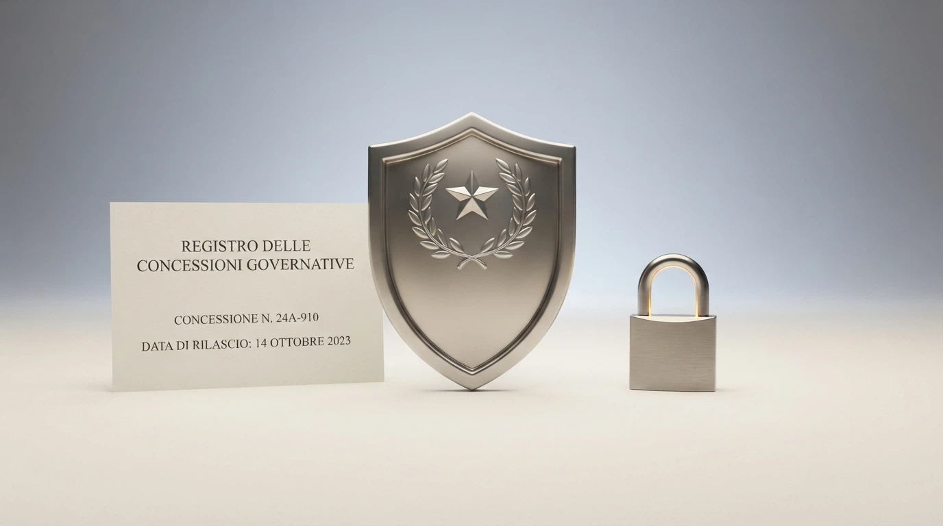 Il logo ADM accanto a un documento di concessione e a un simbolo di scudo che rappresenta la protezione del giocatore