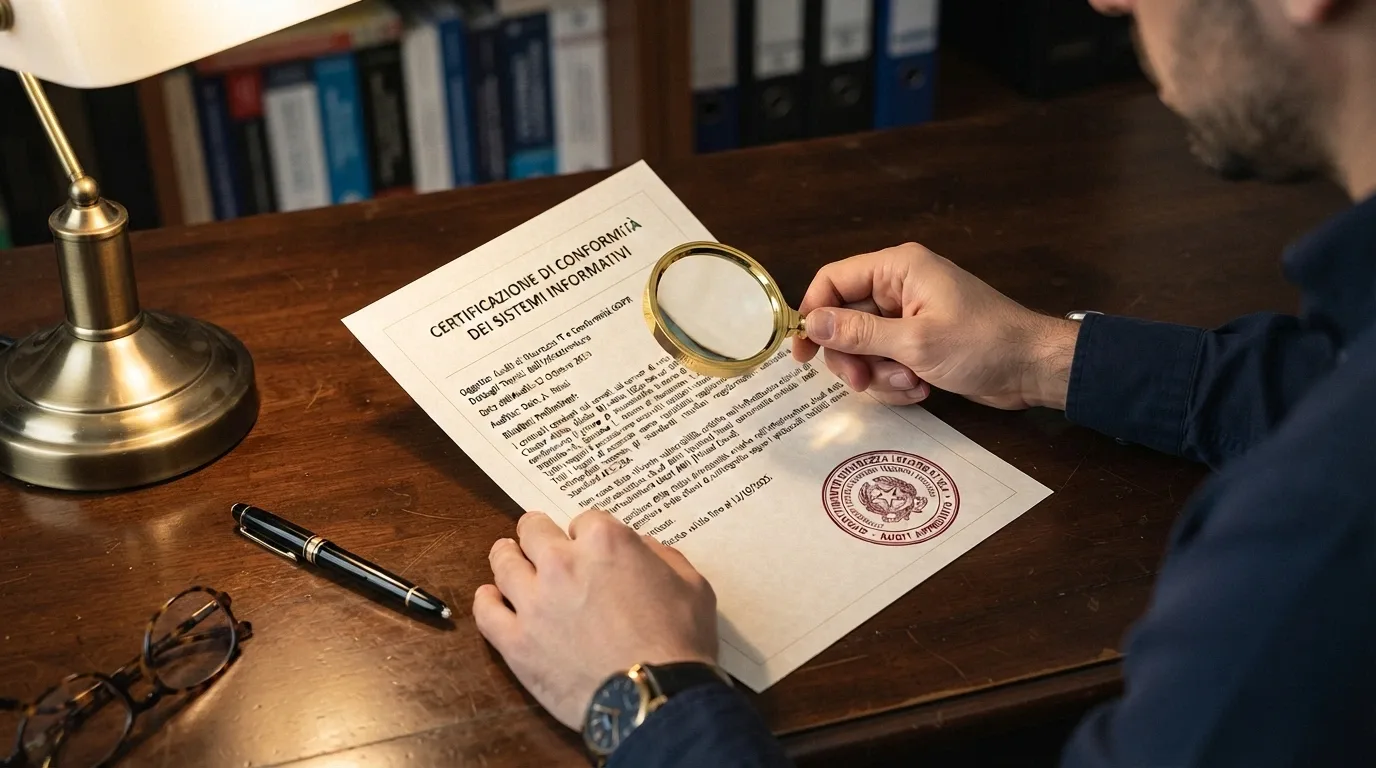 Un documento ufficiale con il logo dell'ADM e un timbro «concessione» in evidenza, posato su una scrivania con una lente di ingrandimento accanto