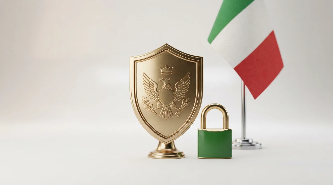 Logo ufficiale dell'Agenzia delle Dogane e dei Monopoli su uno schermo, affiancato da un lucchetto verde e dalla bandiera italiana