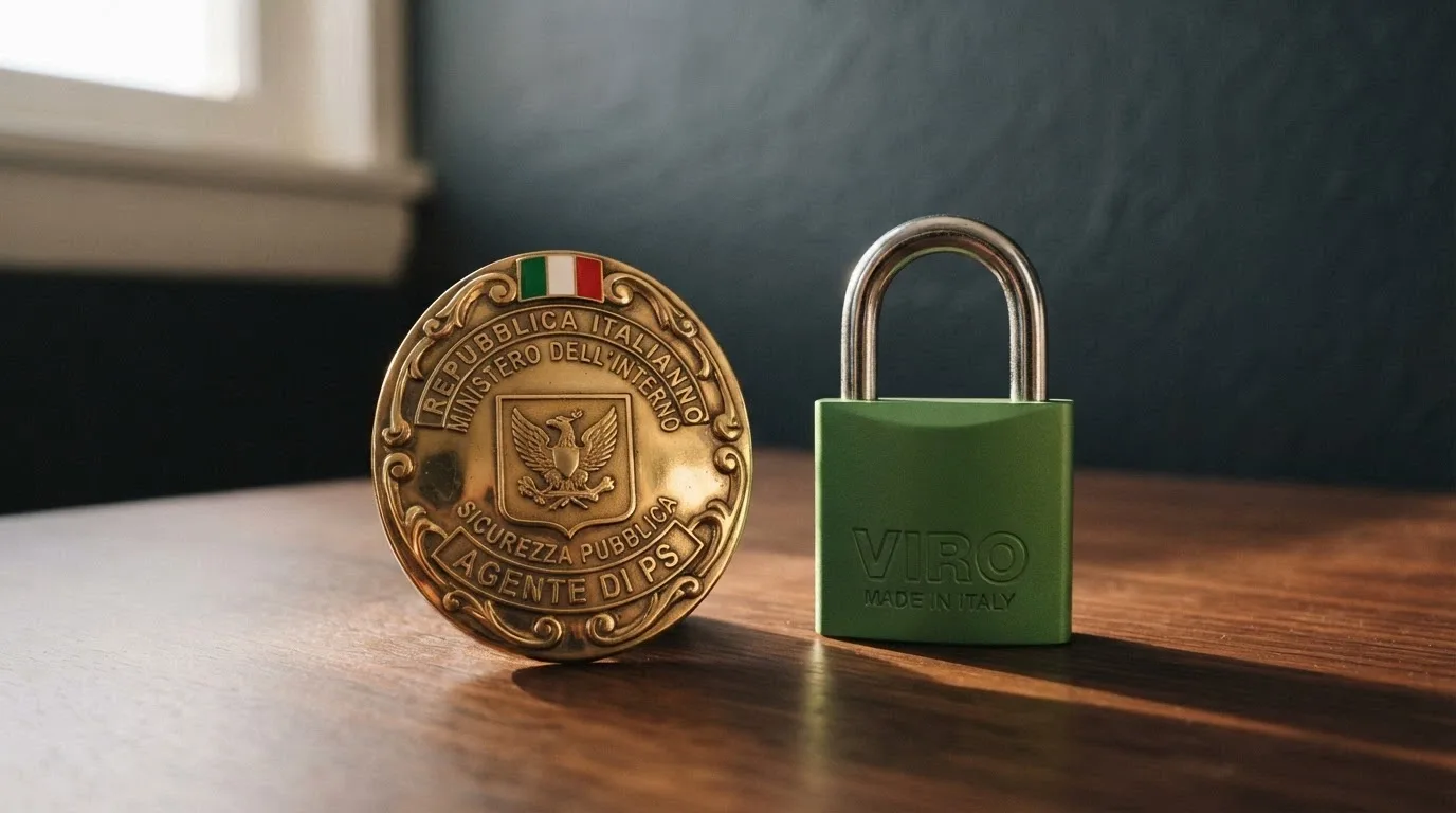 Un badge ufficiale con lo stemma ADM e la bandiera italiana, affiancato da un lucchetto verde su sfondo scuro, con la scritta «Concessionario Autorizzato»