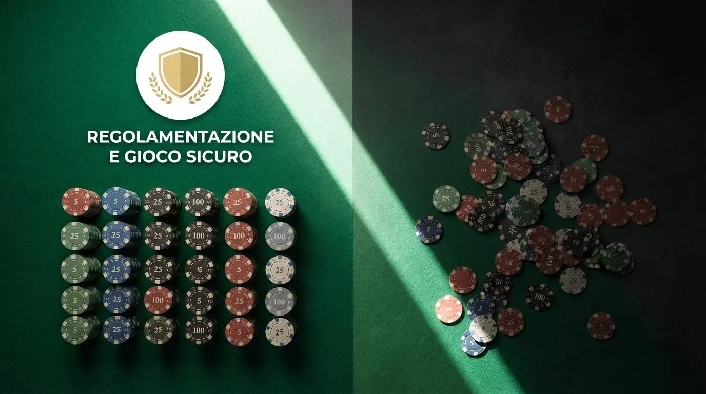 Un tavolo da gioco visto dall'alto diviso da una linea netta: da un lato fiches ordinate sotto il logo ADM e lo scudo dell'Agenzia delle Dogane e dei Monopoli, dall'altro fiches sparse senza simboli su uno sfondo scuro.