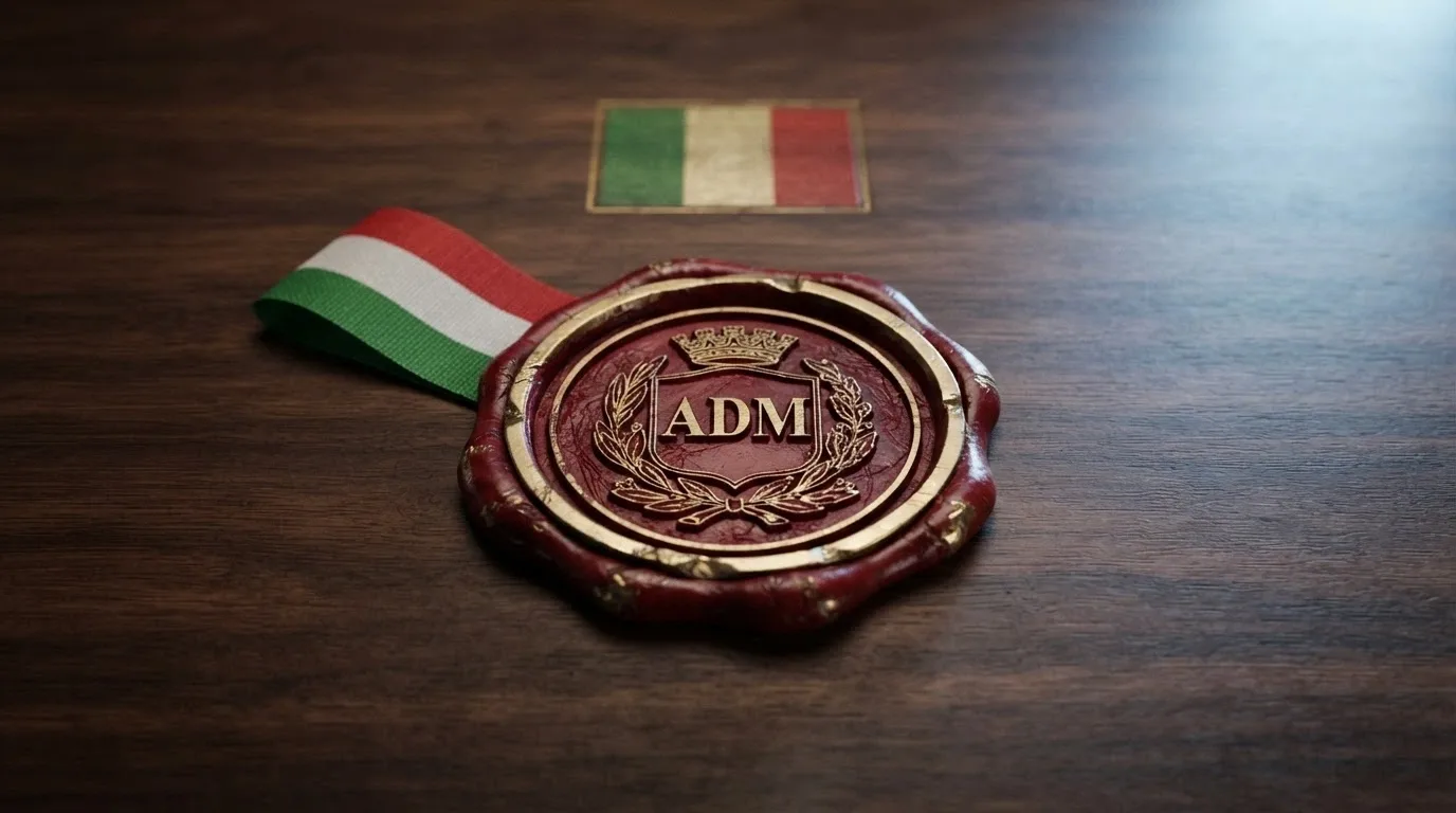 Il logo ADM impresso su un sigillo di ceralacca ufficiale accanto alla bandiera italiana e alla scritta «concessione», su sfondo di legno scuro