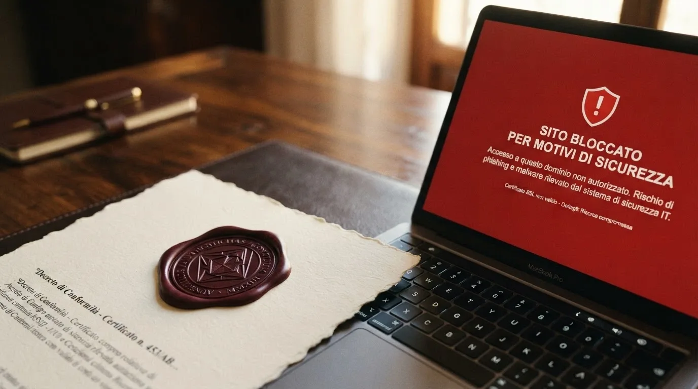 Primo piano di un sigillo ufficiale ADM su documento di concessione, accanto a uno schermo che mostra un avviso di sito bloccato