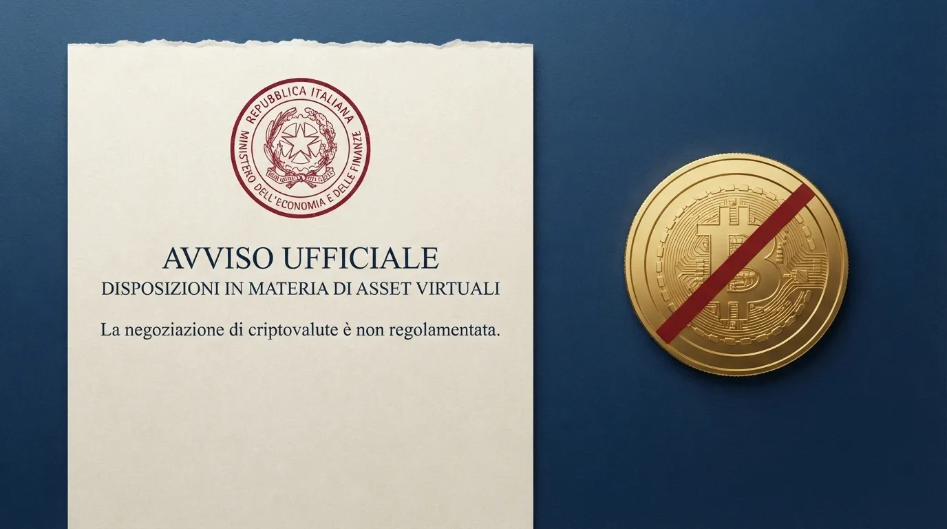 Un documento ufficiale stilizzato con il timbro ADM accanto a una moneta di Bitcoin barrata da una linea rossa diagonale, su sfondo istituzionale blu