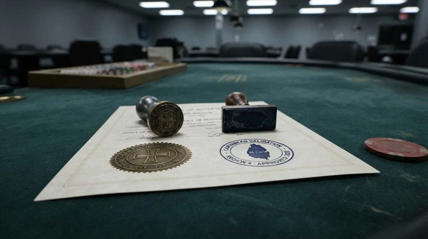 Due timbri ufficiali affiancati — Malta Gaming Authority e Curaçao Gaming Control Board — su un tavolo da gioco spento
