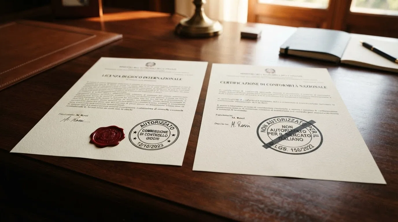 Primo piano di un certificato di licenza di gioco con sigillo di Curaçao affiancato da un documento ADM con timbro «non autorizzato»