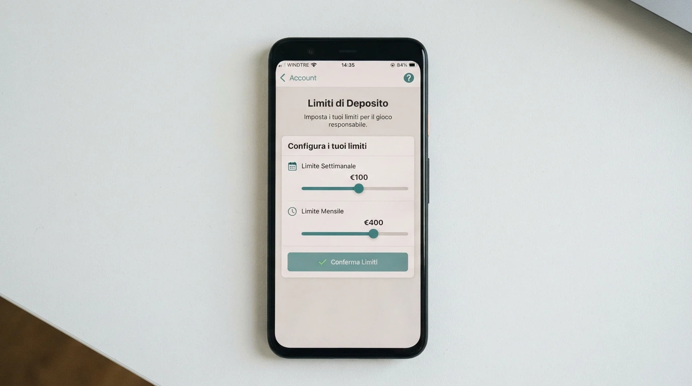 schermata dell'area account di un'app casinò ADM con i cursori per impostare limiti di deposito settimanali e mensili