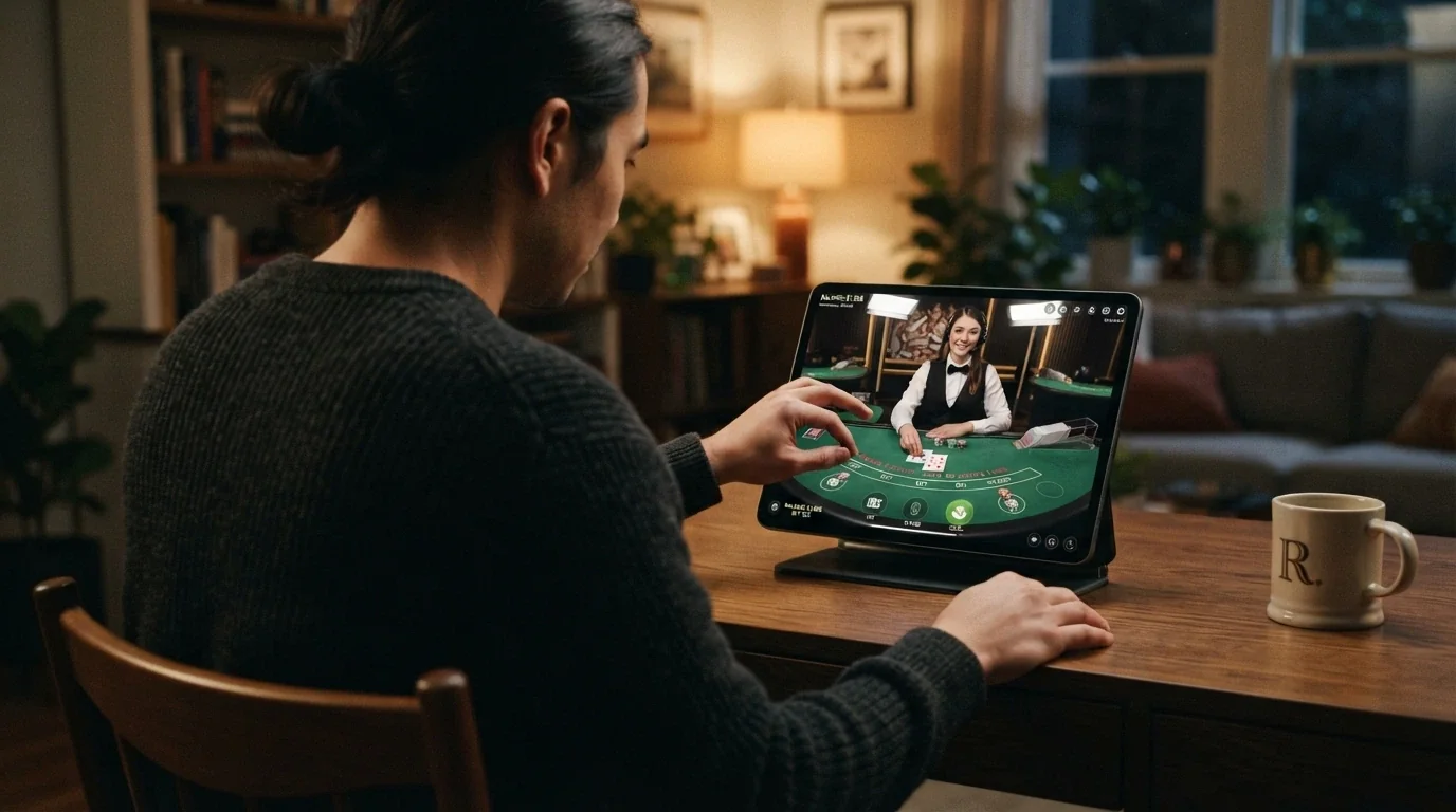 Un dealer dal vivo inquadrato in una sala da casinò con l'interfaccia di puntata sullo schermo del giocatore