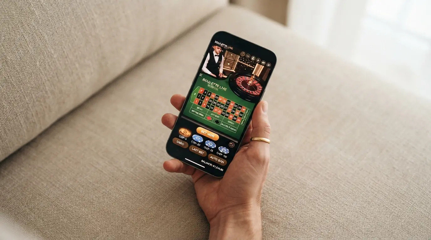 Uno smartphone in mano che mostra l'interfaccia di un tavolo live con pulsanti di puntata touch e streaming HD attivo