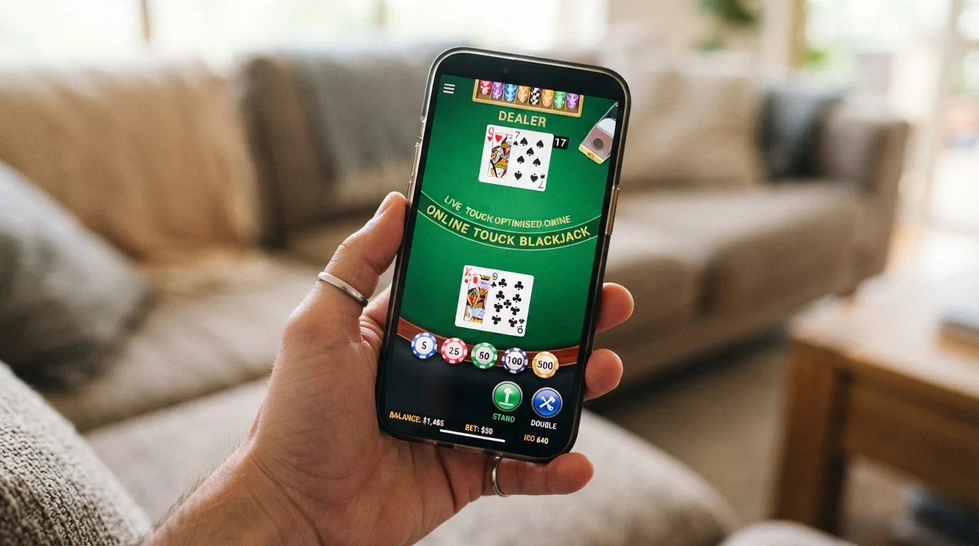 Uno smartphone in mano in verticale con un tavolo live dealer attivo sullo schermo, chip e pulsanti di puntata ben visibili