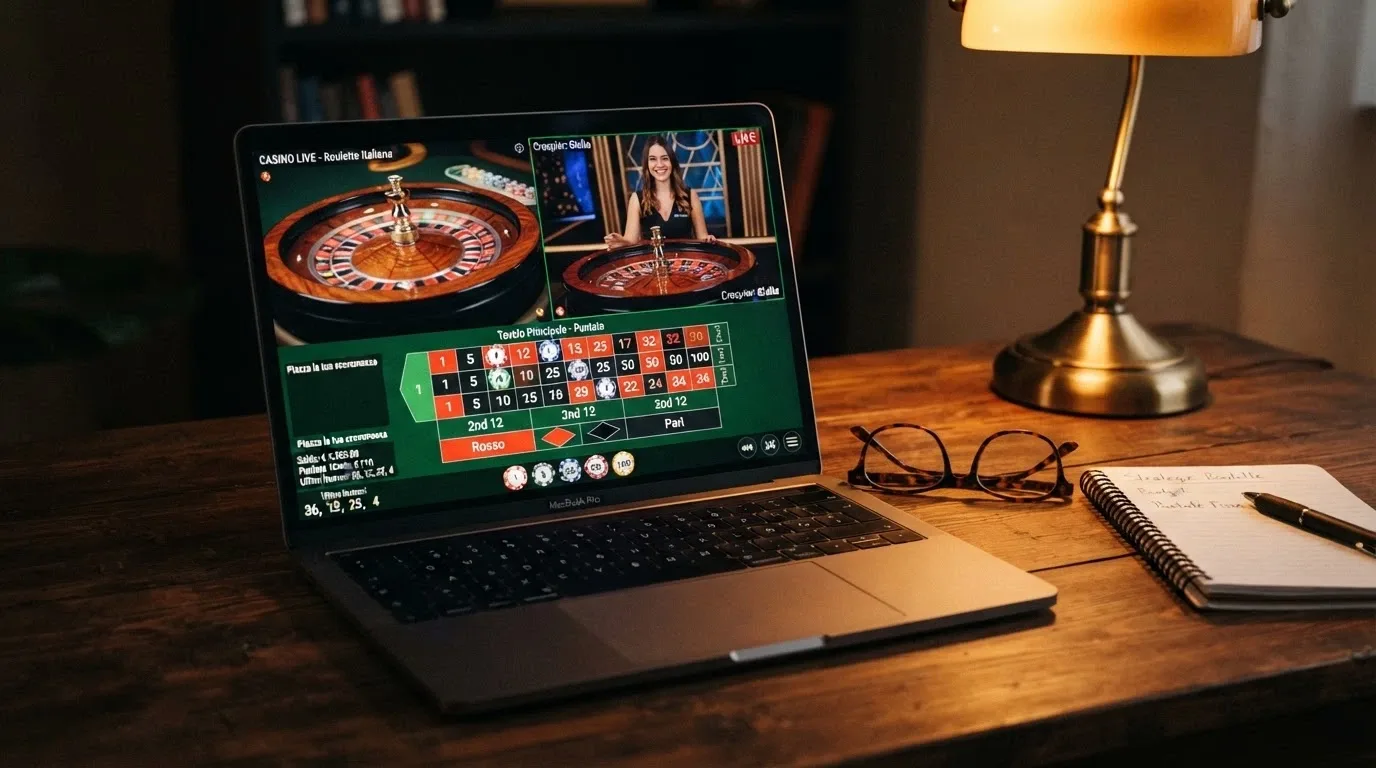 L'interfaccia di un tavolo di roulette live in modalità demo, con il dealer inquadrato e le puntate in credito virtuale evidenziate sullo schermo, in una stanza con luci calde