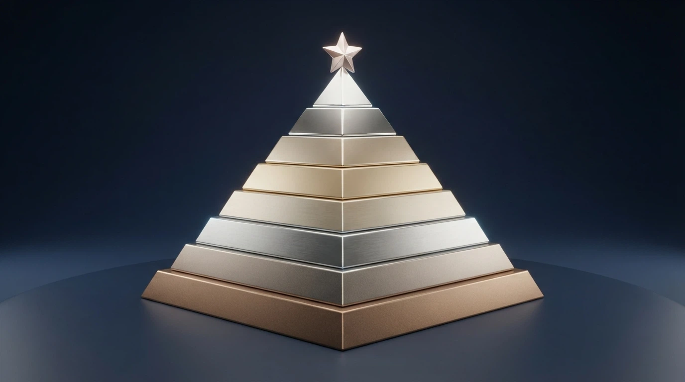 Una piramide a gradini illuminata con sette livelli, dalla base larga alla cima stretta con una stella, su sfondo scuro da casinò