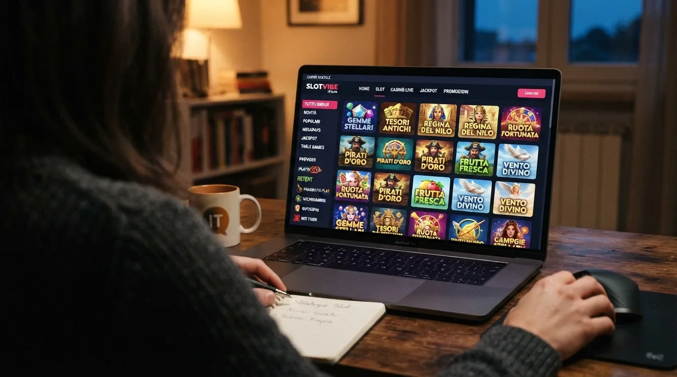 La lobby di un casinò online con anteprime di slot, il nome dei provider in evidenza e una barra laterale con le categorie di gioco