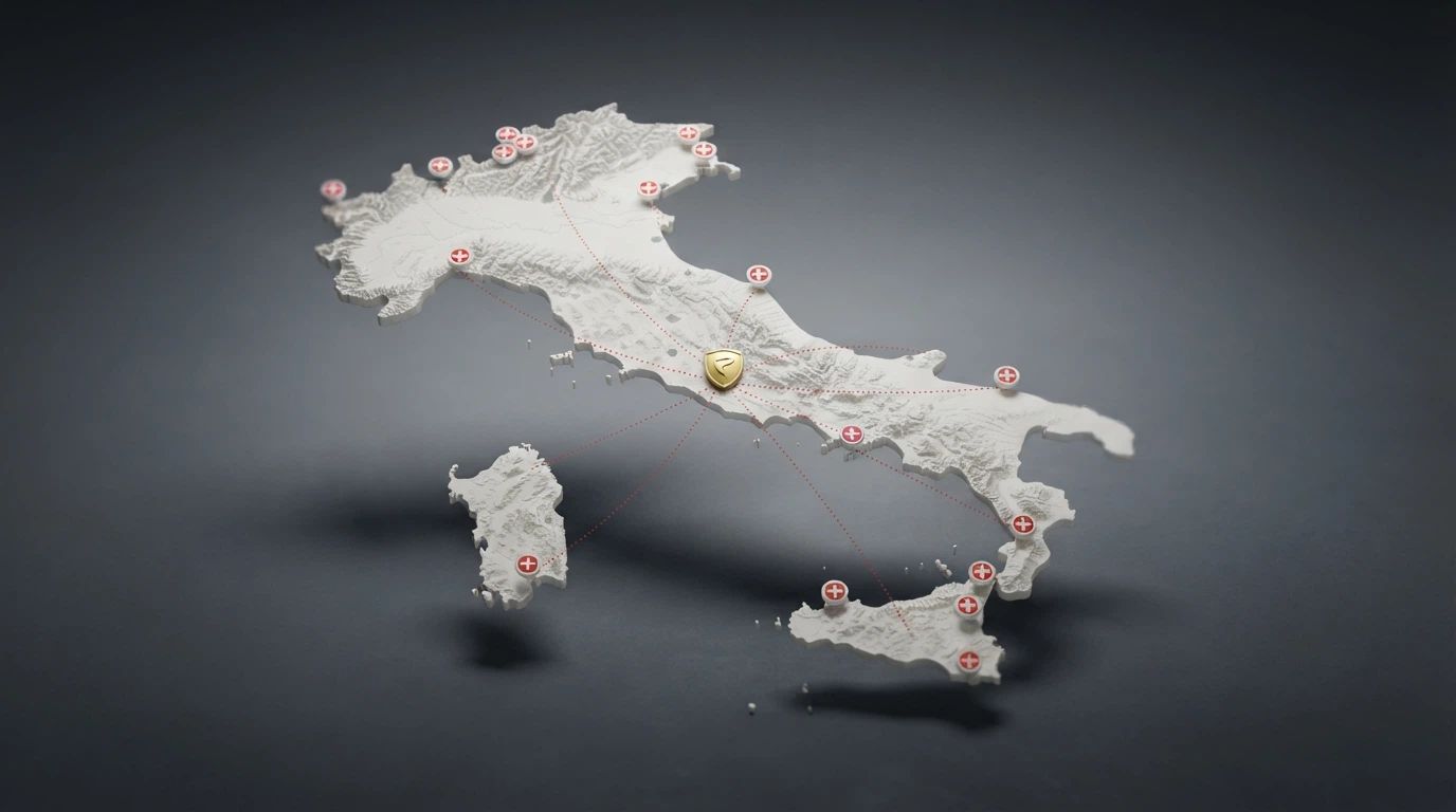 Mappa dell'Italia con il logo ADM al centro e linee tratteggiate che collegano simboli di divieto verso siti senza concessione