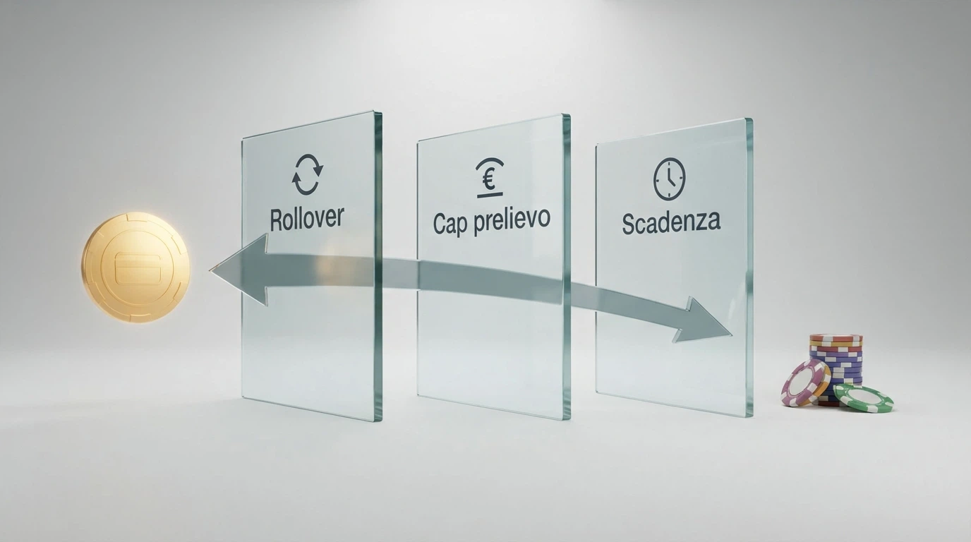 Schema visivo che mostra il percorso dal credito bonus al prelievo, con i tre freni: rollover, limite prelievo e puntata massima