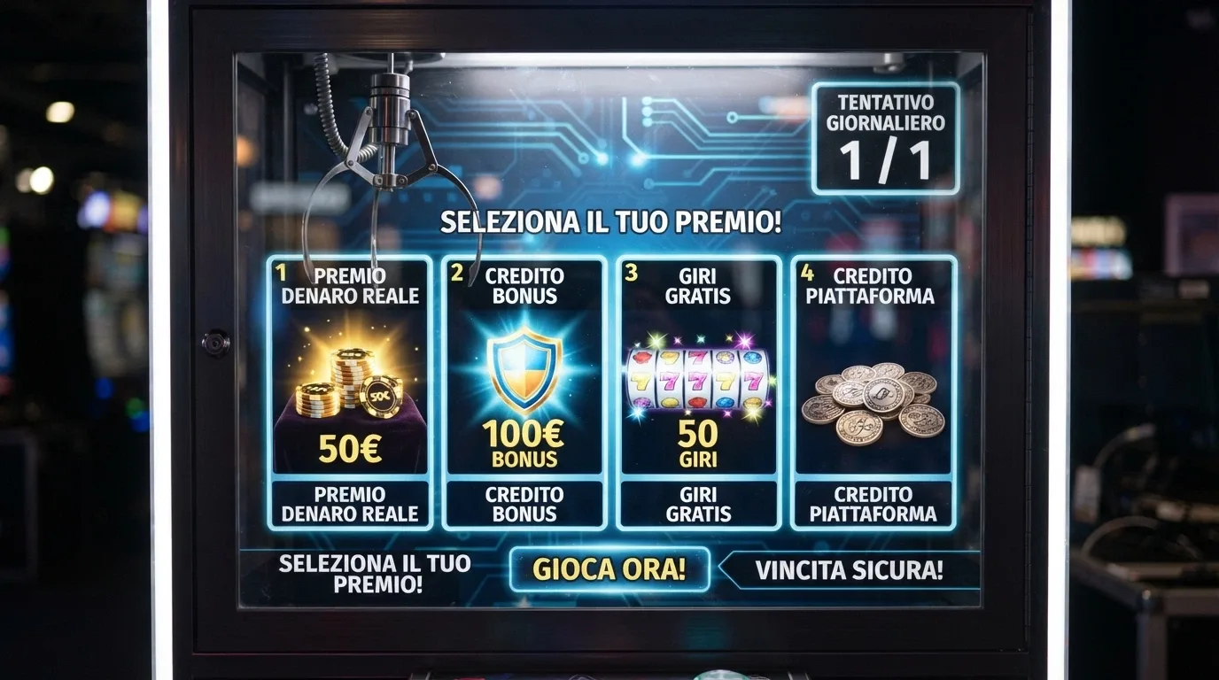 L'interfaccia della claw machine Bonus Crab con il braccio meccanico posizionato sopra quattro premi — contanti, bonus, giri gratis e monete — e il contatore del tentativo giornaliero.