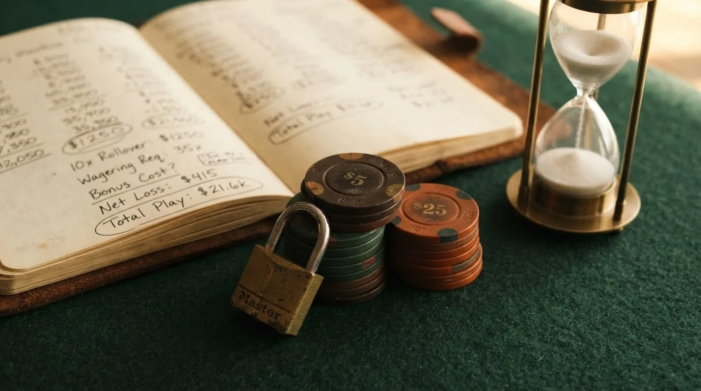 Un mucchio di fiches da casinò con un lucchetto e una calcolatrice accanto, sullo sfondo una clessidra