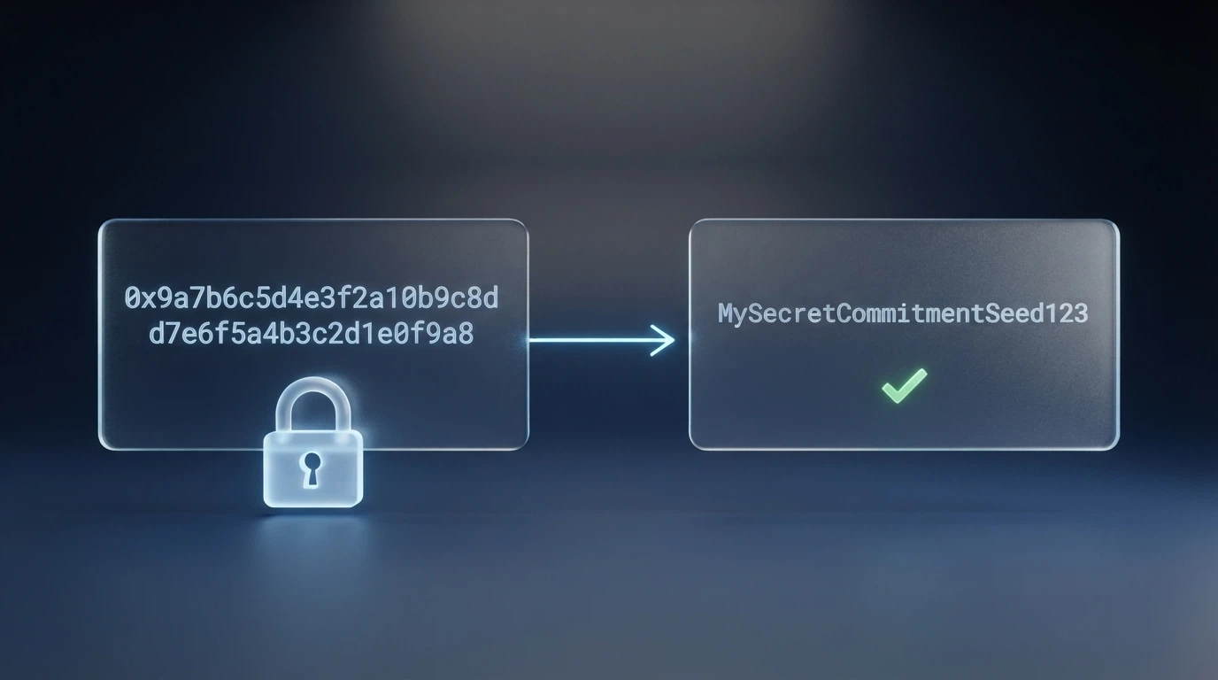 Un diagramma stilizzato del processo commit-reveal: un hash SHA-256 generato prima della puntata, una freccia che collega al risultato rivelato dopo.