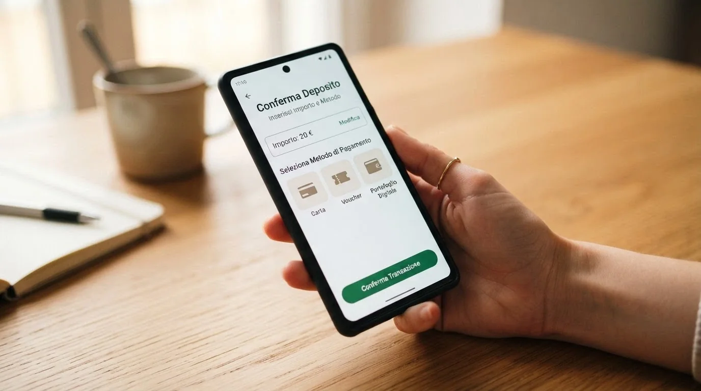 Una selezione di metodi di pagamento (carta, e-wallet, Postepay) accanto alla schermata di deposito di un casino