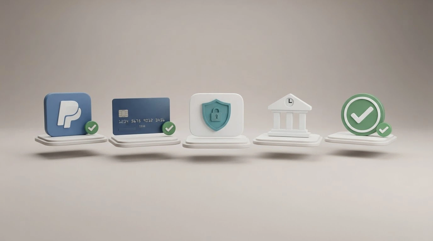 Icone dei metodi di pagamento (PayPal, Postepay, paysafecard, bonifico, Trustly) con spunta verde sui metodi più diffusi tra i 10 operatori