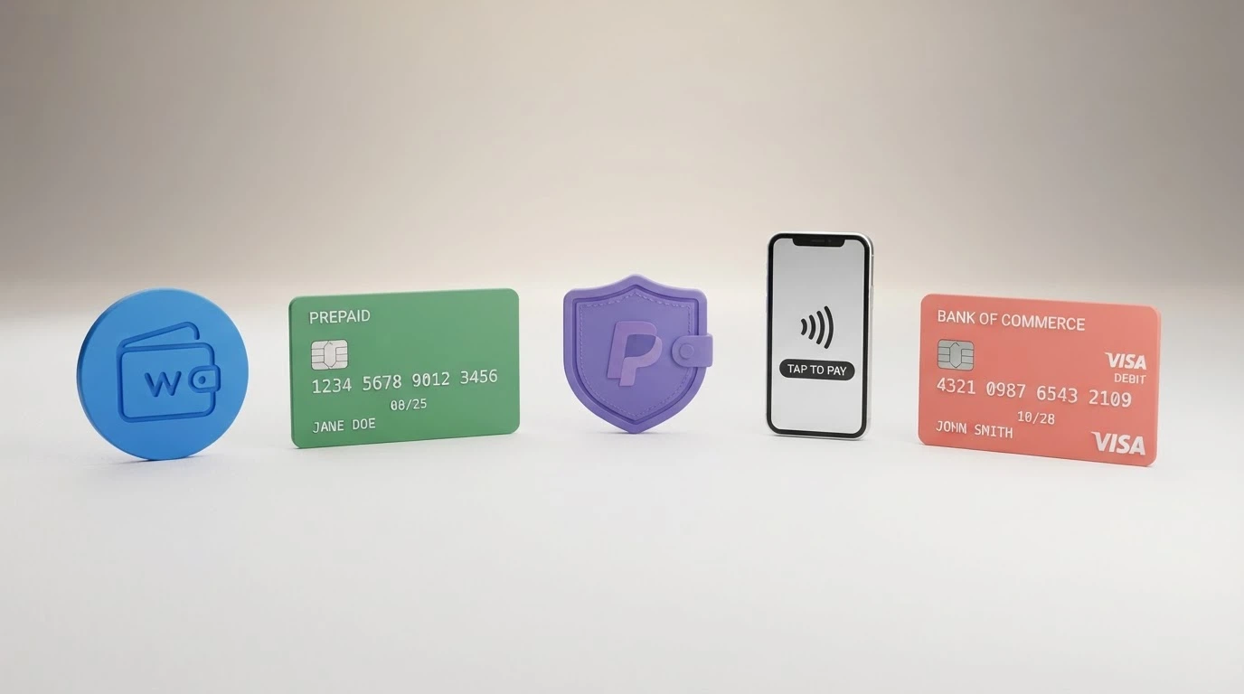 Icone di metodi di pagamento digitale (PayPal, Postepay, Skrill, Neteller, Apple Pay) affiancate su sfondo pulito