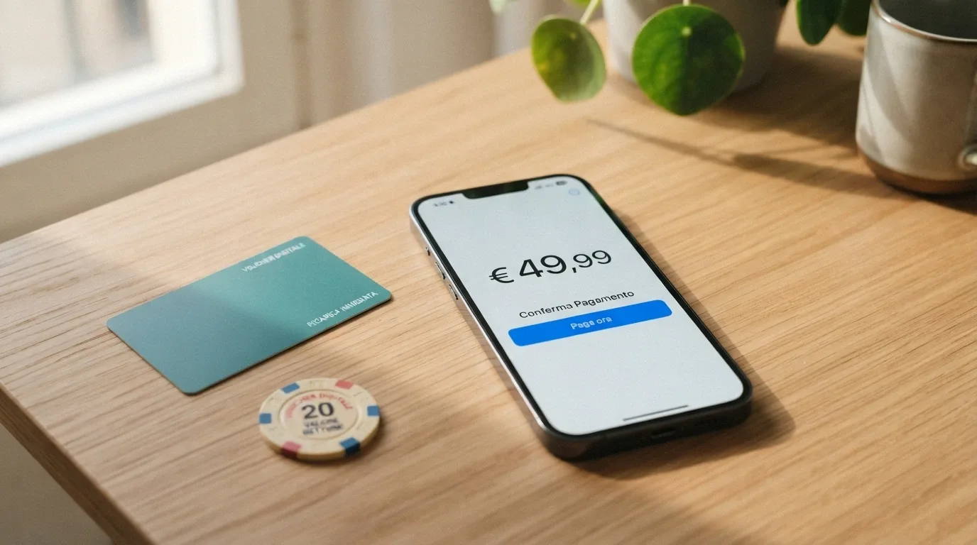 Una carta Paysafecard, il logo PayPal e un telefono con l'interfaccia di pagamento di un casinò online