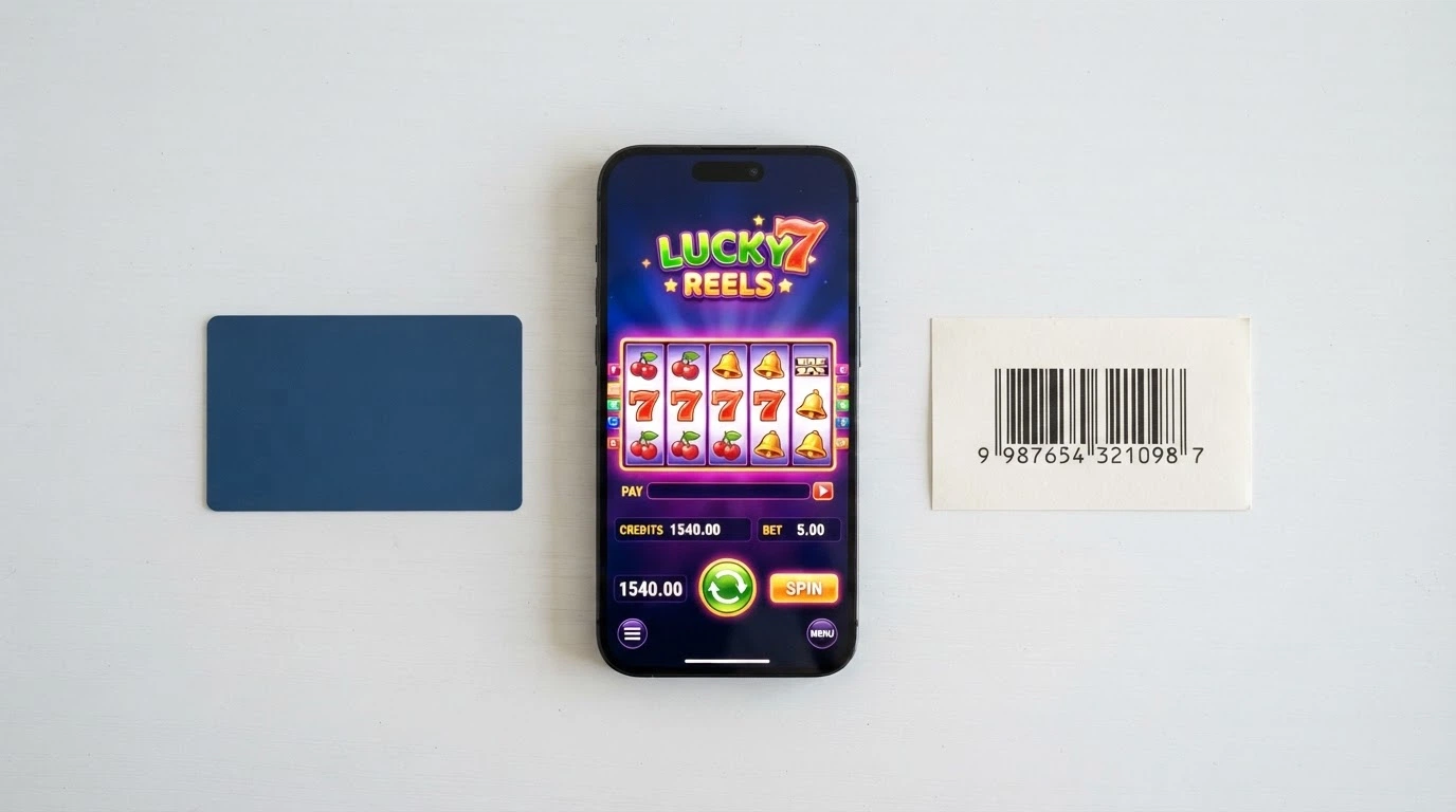 Smartphone con schermata di un casinò online, accanto carte di credito, un telefono con app PostePay e un voucher fisico