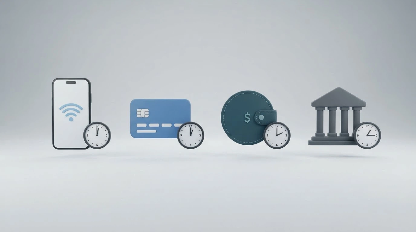 Quattro icone di pagamento (Apple Pay, PayPal, carta di credito, bonifico) allineate con un cronometro accanto a ciascuna