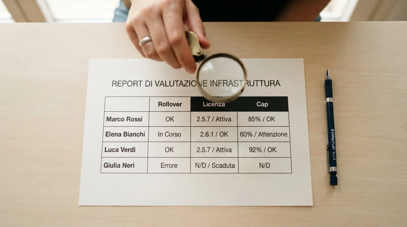 Una lente di ingrandimento su un foglio con criteri di valutazione (rollover, licenza, cap) e una lista di operatori con punteggi