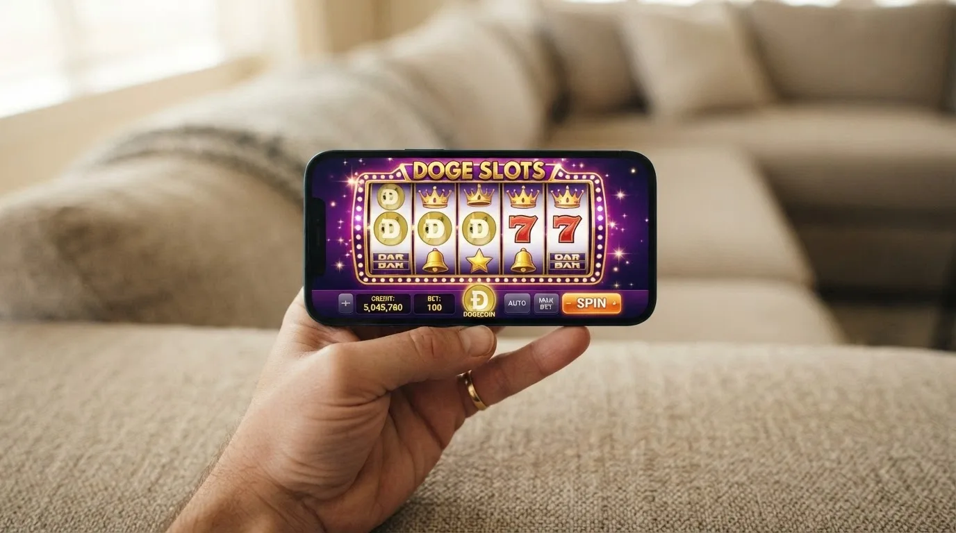Smartphone in mano a un giocatore che mostra un'interfaccia di casinò con slot machine in orientamento orizzontale e il logo DOGE nella barra dei pagamenti