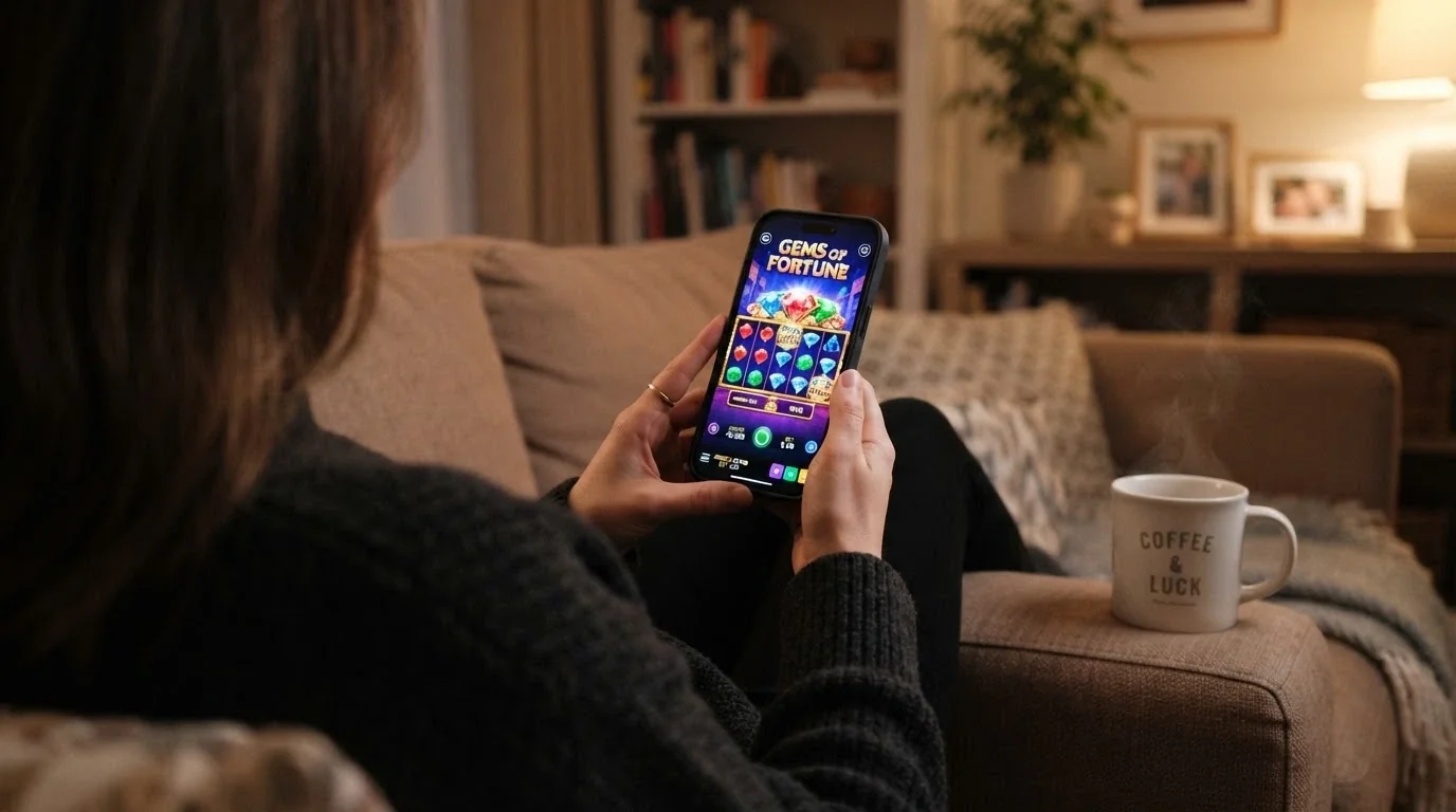 Una mano che tiene uno smartphone in verticale con una slot machine sullo schermo, sullo sfondo sfocato di un divano e una tazza di caffè