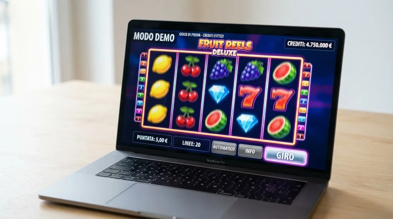 Una slot machine su schermo con la scritta «DEMO» in alto a sinistra e un contatore di crediti fittizi che sale