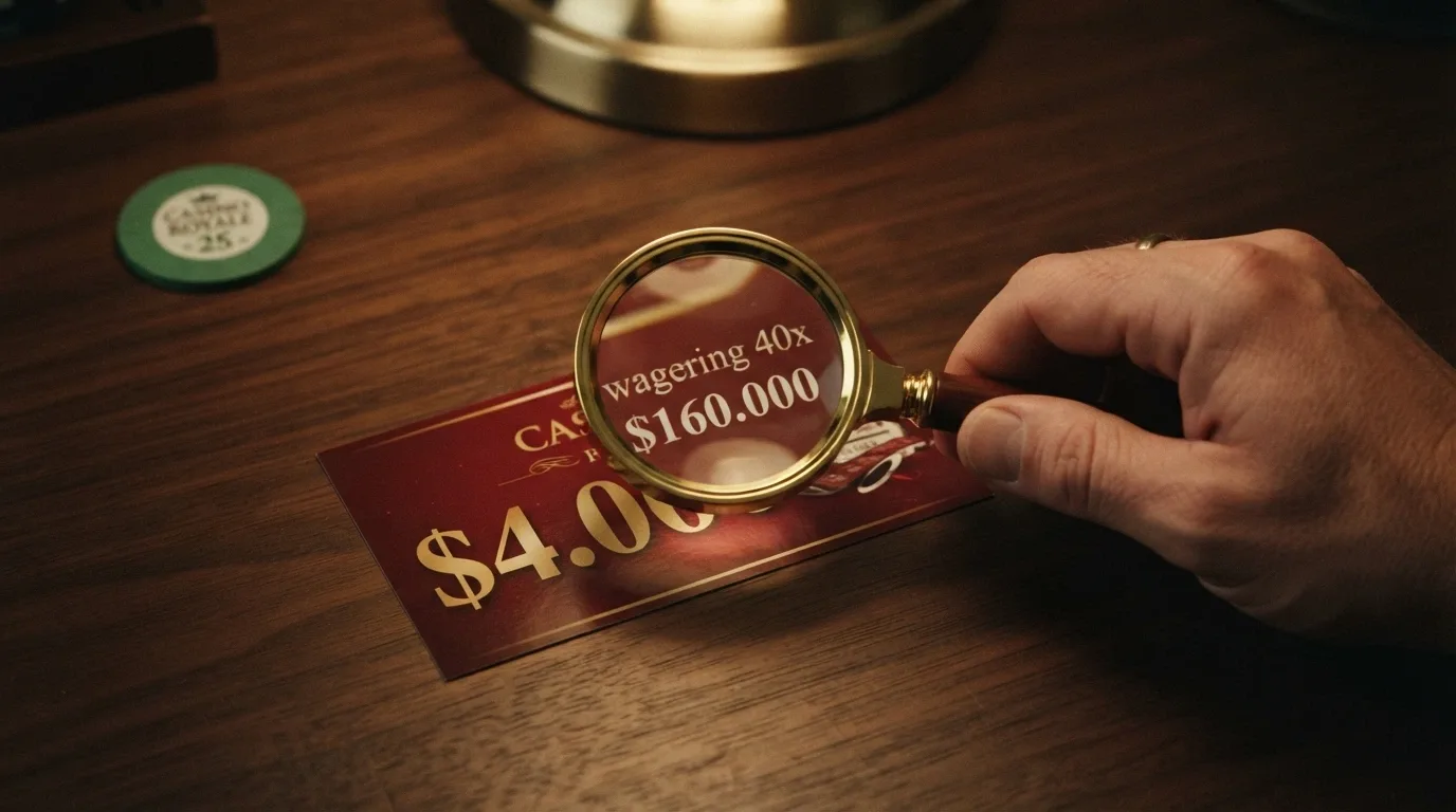 Una lente di ingrandimento su un cartellino «$4.000 di bonus» che rivela in piccolo la scritta «wagering 40x: giro d'affari richiesto $160.000»