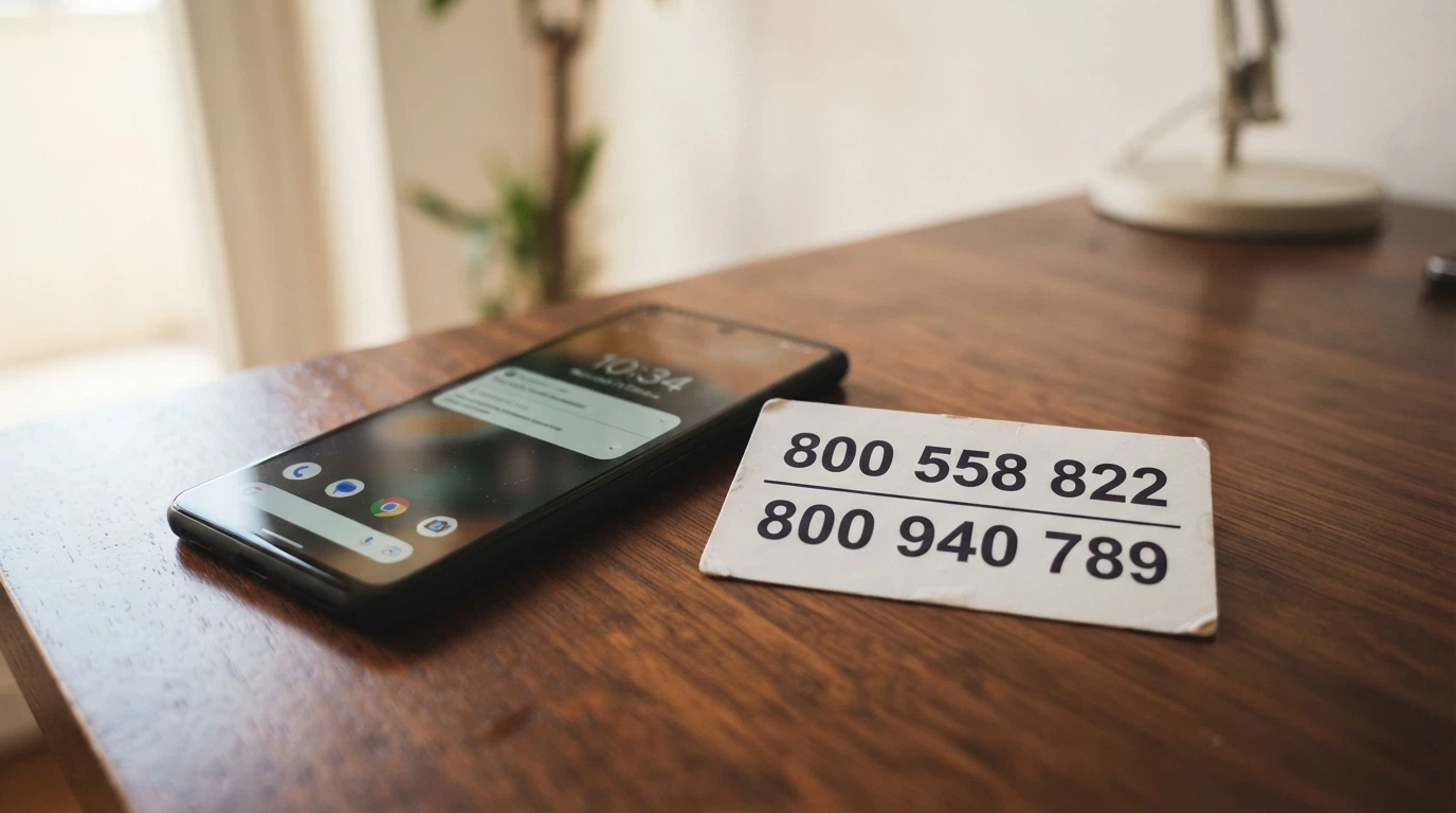 La cornetta di un telefono con i numeri 800 558 822 e 800 940 789 e il logo del servizio pubblico